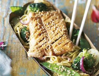 Zalm Teryaki met rijstnoedels en peultjes